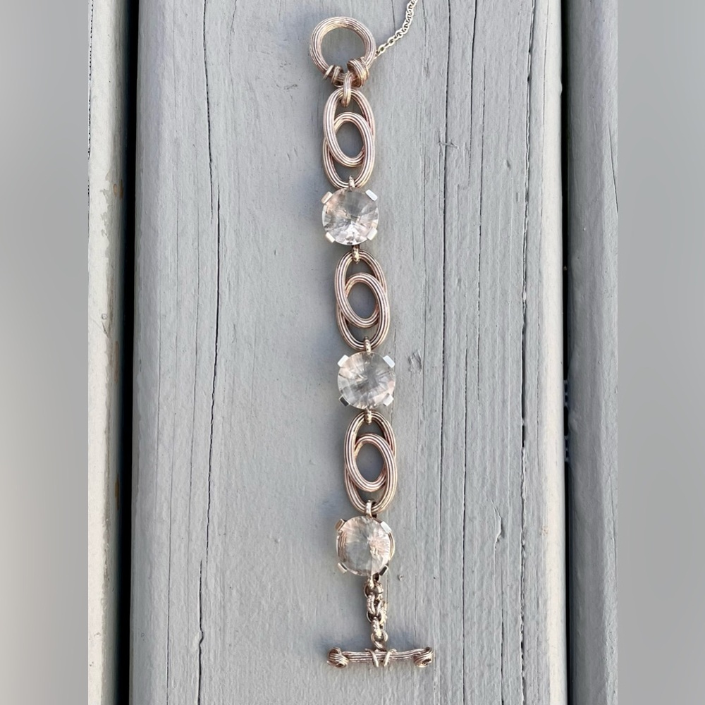 Stephen Dweck Sterling Silver & Faceted Clear Topaz Textured Link Bracelet